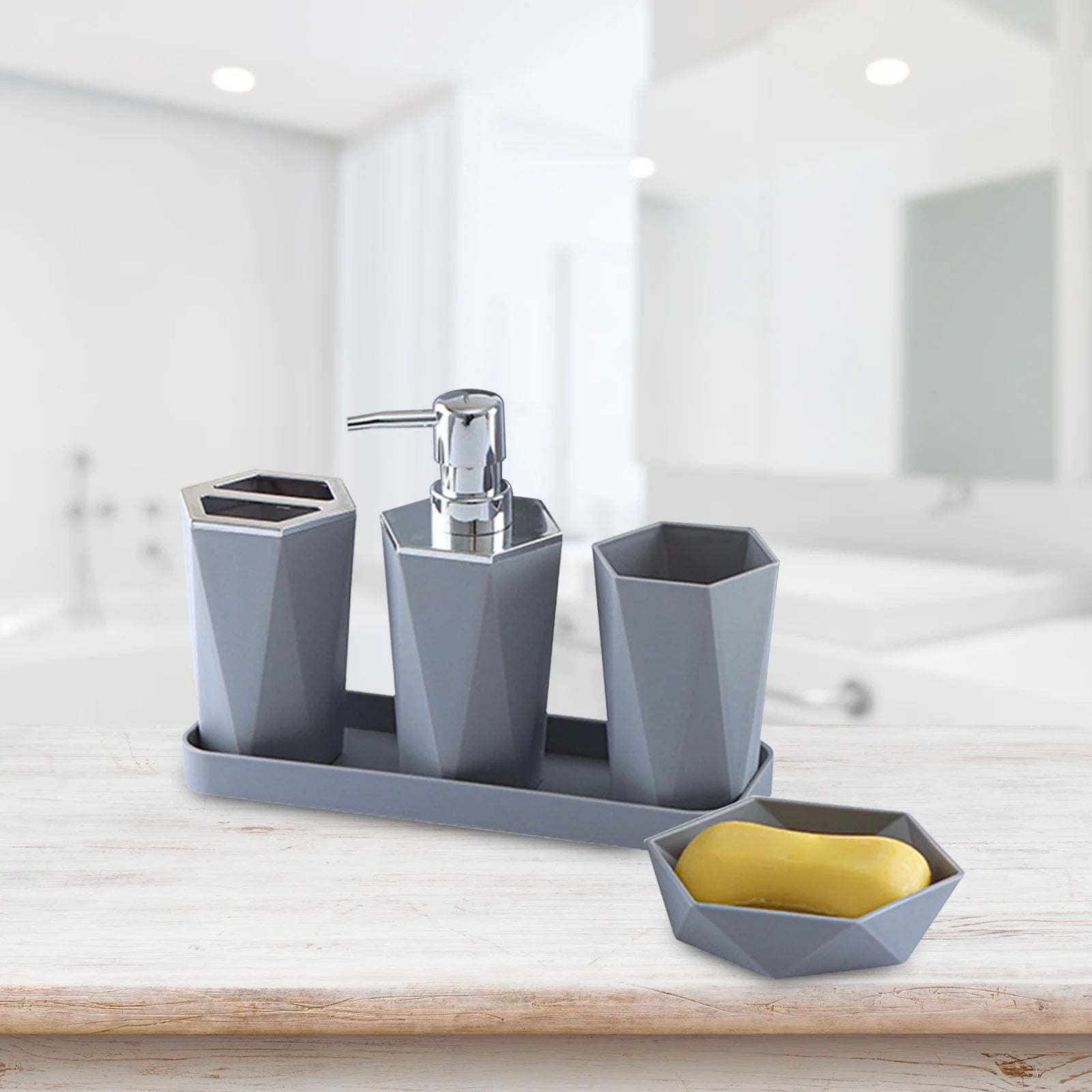 Black Bathroom Accessories Set,Unique Design Bathroom Set 5 Pcs Resin Gift Set Apartment Necessities,Contain Cotton Swab Jar,Soap Dispenser,Soap Dish/Tray,Tumbler