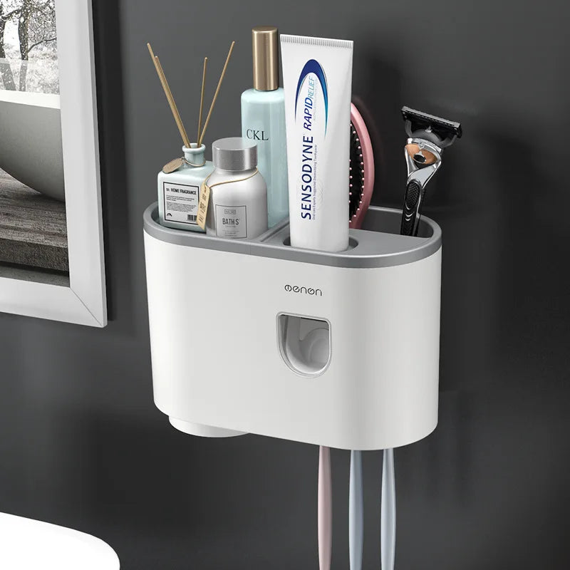 WIKHOSTEAR Wall Mounted Toothbrush Holder Magnetic Adsorption Inverted Toothpaste Squeezer Double Automatic Toothpaste Dispenser