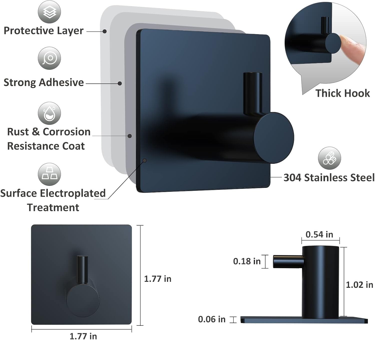 Adhesive Towel Hooks Waterproof Wall Hooks Black 4 Pack