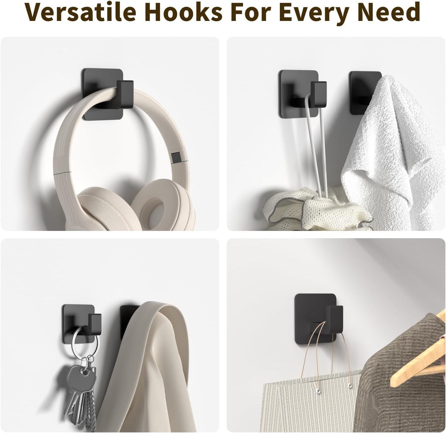 Square Self Adhesive Towel Hooks - 4 Pack Matte Black Metal Hooks, Right-Angle D