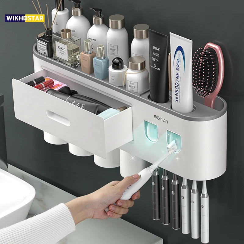 WIKHOSTEAR Wall Mounted Toothbrush Holder Magnetic Adsorption Inverted Toothpaste Squeezer Double Automatic Toothpaste Dispenser
