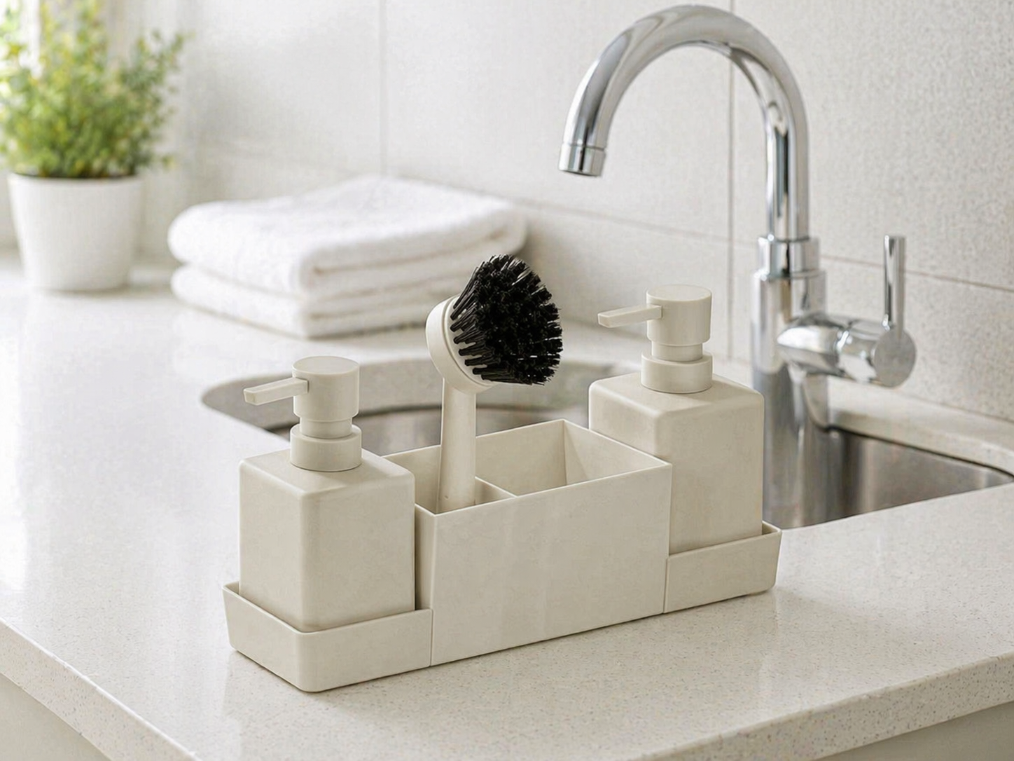 Soap Dispenser Set with Tray and Brush