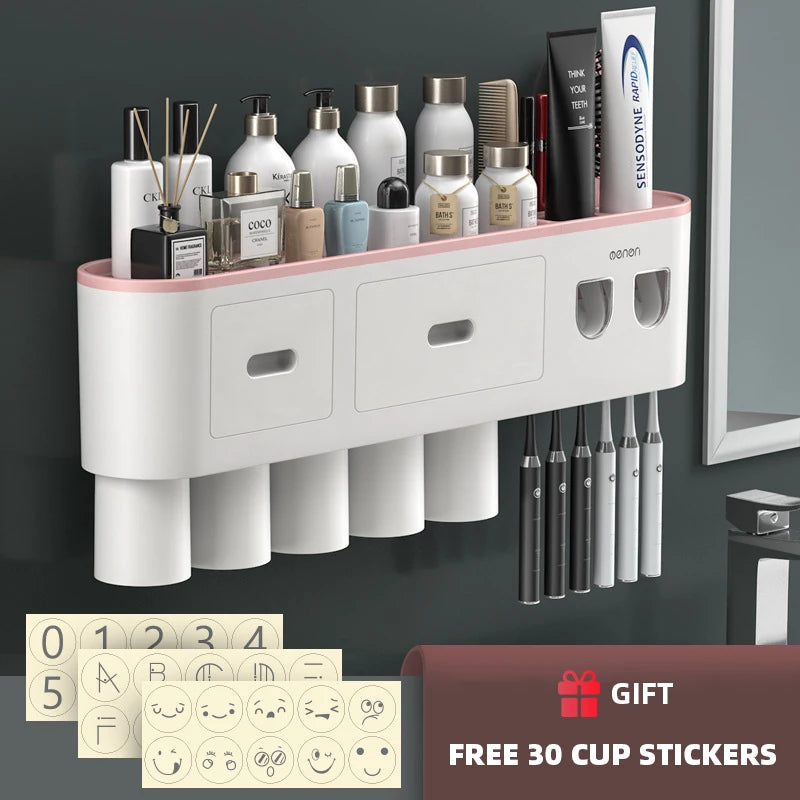 WIKHOSTEAR Wall Mounted Toothbrush Holder Magnetic Adsorption Inverted Toothpaste Squeezer Double Automatic Toothpaste Dispenser