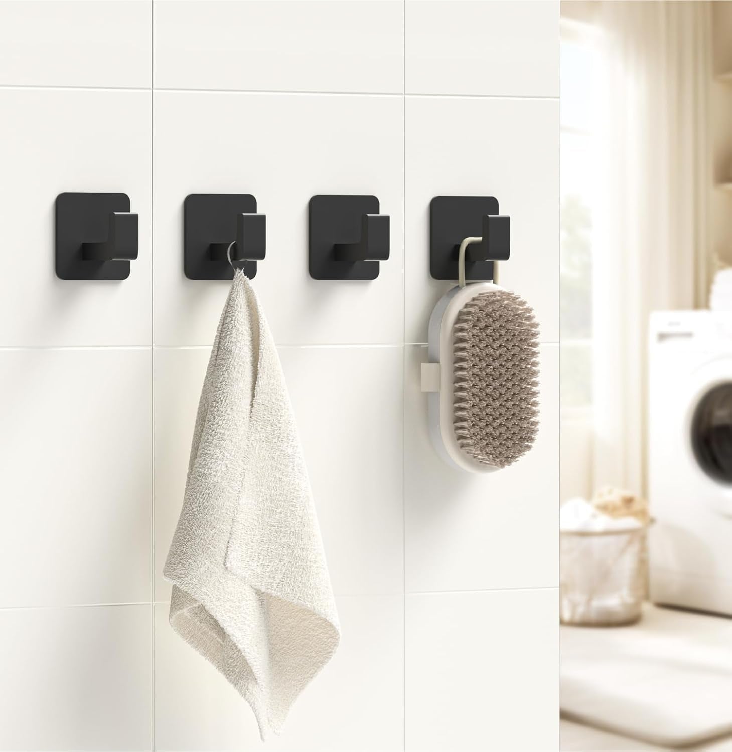 Square Self Adhesive Towel Hooks - 4 Pack Matte Black Metal Hooks, Right-Angle D