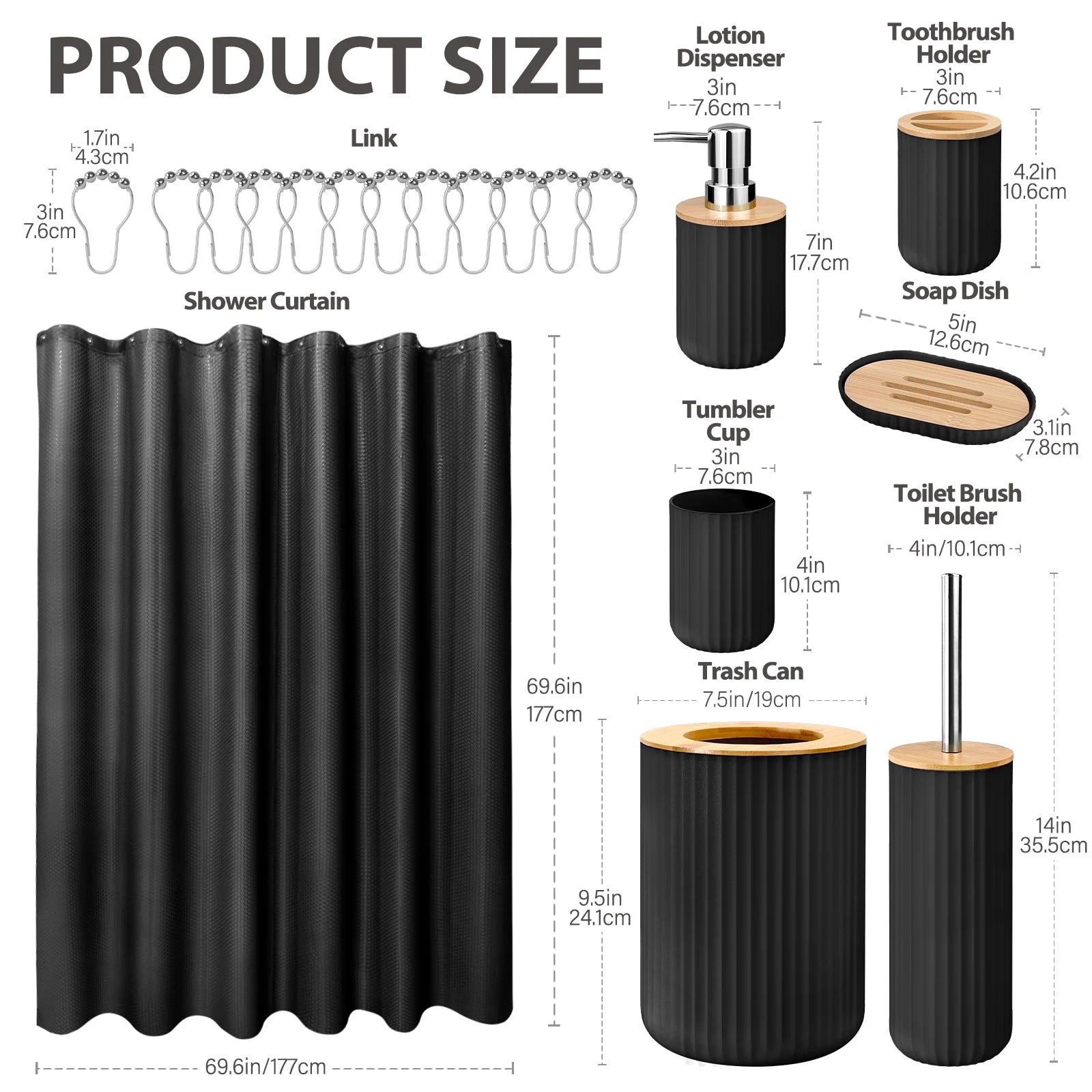 19 Pcs Black Bathroom Accessories Sets with Shower Curtain, Specially Designed for Small Spaces