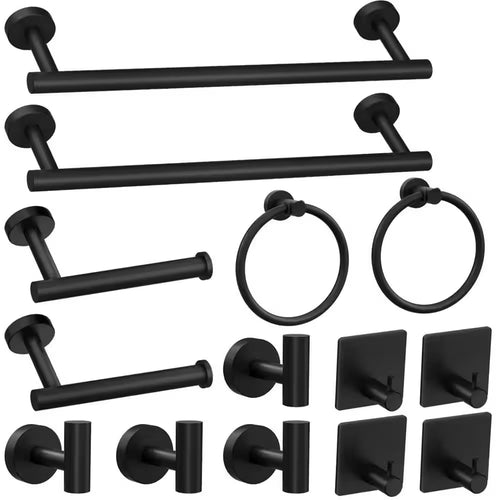 14-Piece Matte Black Stainless Steel Bathroom Hardware Set with Mounting Hardware, Wall Mounted