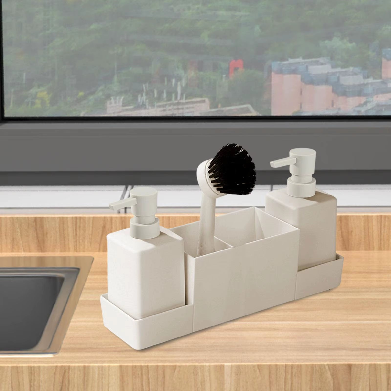 4Pcs Soap Bottle Storage Tray Brush Set with Storage Compartment Portable Pump Bottle for Organizer Home Sink Kitchen