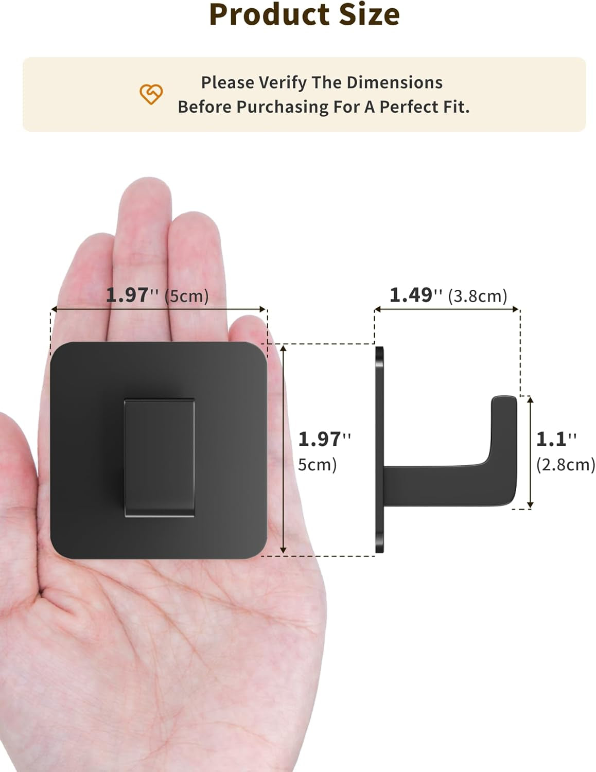 Square Self Adhesive Towel Hooks - 4 Pack Matte Black Metal Hooks, Right-Angle D