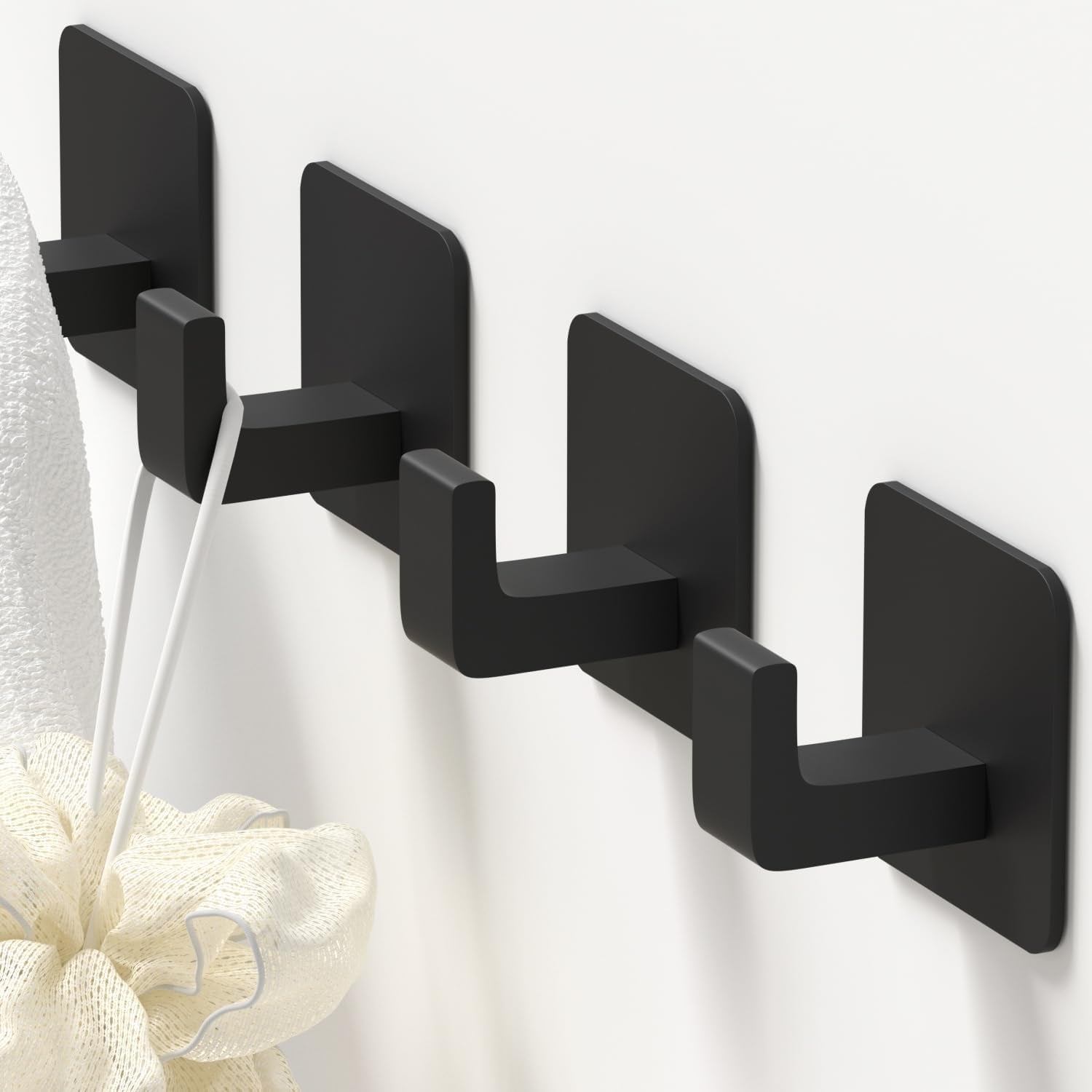 Square Self Adhesive Towel Hooks - 4 Pack Matte Black Metal Hooks, Right-Angle D