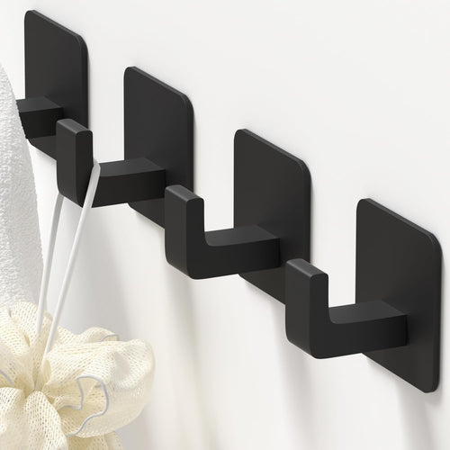 Square Self Adhesive Towel Hooks - 4 Pack Matte Black Metal Hooks, Right-Angle D