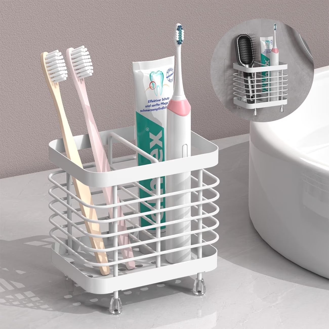 Toothbrush Holders for Bathroom, Stainless Steel Electric Toothbrush Holder Wall Mounted, Shower Toothbrush Toothpaste Holder, Bathroom Organizer Essentials, 2 Slots, White